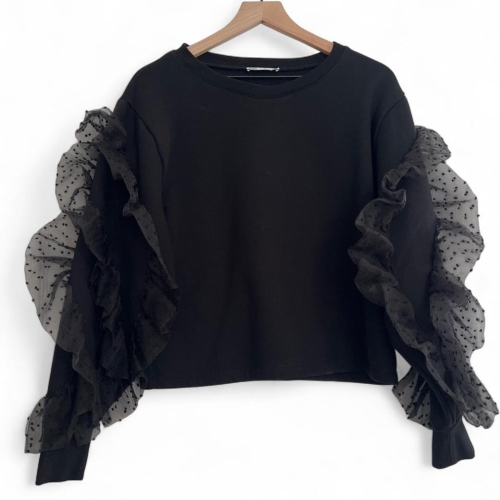 Zara Black Polka Dot Mesh Sleeve Sweatshirt Women's L Fleece Lined Ruffle EUC